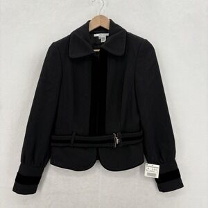Zara Basic Jacket Womens Medium Black Wool Herringbone Belted Velvet Trim Flaw